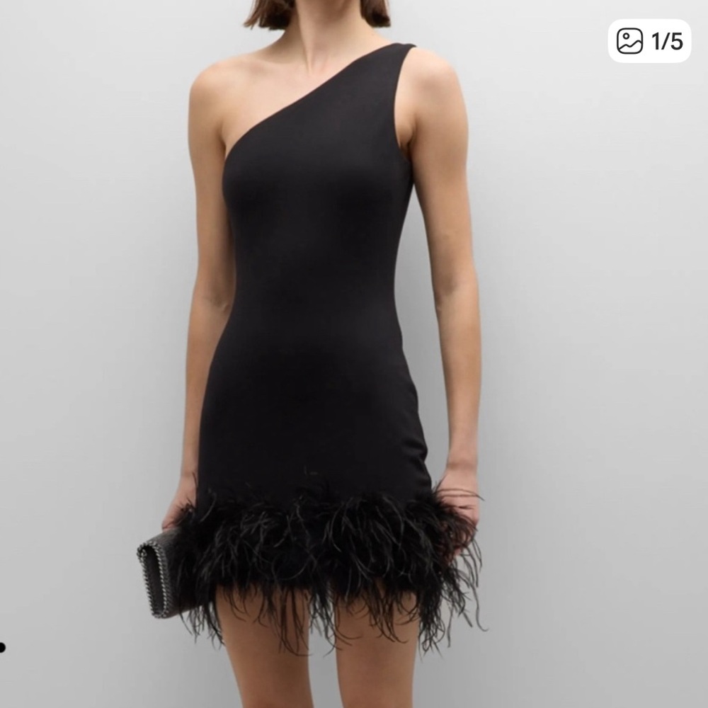 Lamarque Elegant Black One-Shoulder Dress with Feather Detail